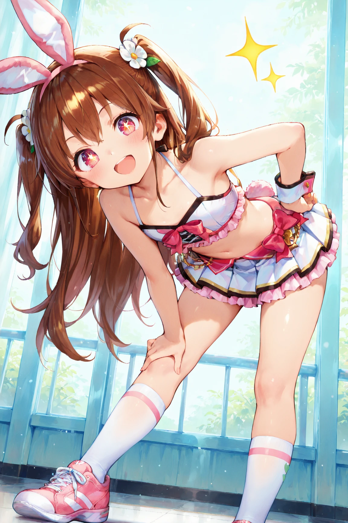android, beautiful robot, short pigtails, brown hair, Hair tie with two big red clothespins, big smile, brown hair, middle age, joint seam, blue eyes, full body figure, Height: 160cm, Light beige micro mini dress, fluttering skirt, skirt folds, white retro swimwear, Uplifting, 2020s anime style, 21thcentury japan animation, show White pantie