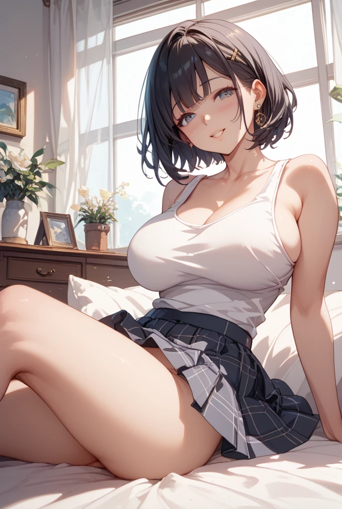 (Highest quality, High resolution, Masterpiece, 4K), (Soft light、Luster of hair、Beautiful eyes)、young woman、The whole body is visible、Adorable smile ((Wavy medium short hair, bangs, Chestnut Hair)), ((Wistful eyes、Gray Eyes, Perfect Eyes)), ((Detailed face, blush:1.1)), ((Smooth texture:0.75, Realistic texture:0.65, Realistic:1.1, Anime CG Style)),Medium chest、A body with just the right amount of flesh、(Sexy thighs、I see beautiful legs)、Large chest tops、tight skirt with a slit、Cute Necklace、Earrings、Angle from the front、Peeking into this、Leaning forward、Sit at your desk、Pants in skirt visible、I see sandals