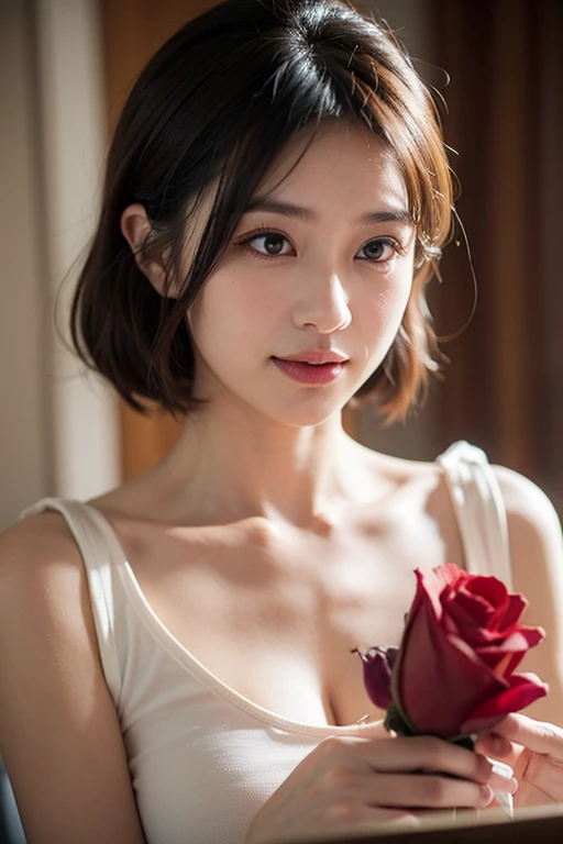 Best-quality, Masterpiece, Ultra-High-Resolution, (Photorealistic:1.4), Raw-Photo, 1girl, 15-years-old, the most famous Japanese idol, face-focus, at luxury-hotel-suite, carrying a large bouquet of roses, extremely cute face like a most popular Japanese idol, ((extremely beautiful big-black-eyes)), extremely beautiful black-short-cut-haired, extremely beautiful skins, extremely beautiful long-eyelashes, extremely beautiful lips, extremely beautiful shoulders, extremely beautiful breasts, extremely beautiful body, extremely beautiful thighs, detailed large-bouquet of roses, looking at viewer, innocent smile,