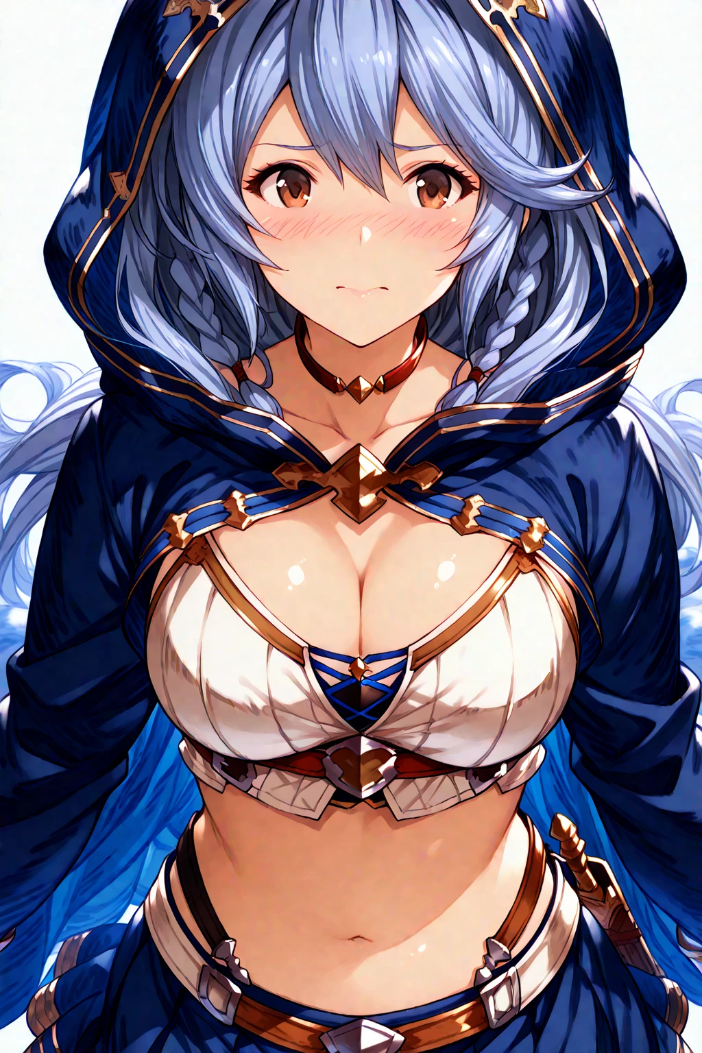 (top-quality, 8K, masterpiece, Top image quality, Hi-Res, super detailing, Ultra HD, (Delicate and smooth skin, real looking skin, Perfect and beautiful face ,Perfect and cute face, high detail skin, Perfect limbs)), 1girl , ahoge , black choker , black dress , blue eyes 1.4M, blue gemstone , blue nails , blush , medium breasts, cleavage , closed mouth , blue colored inner hair , eyes visible through hair , heart-shaped pupils , leaning forward towards viewer , long white hair , long sleeves , mismatched pupils , multicolored hair , sleeves past wrists , smile , solo, furina (genshin impact)