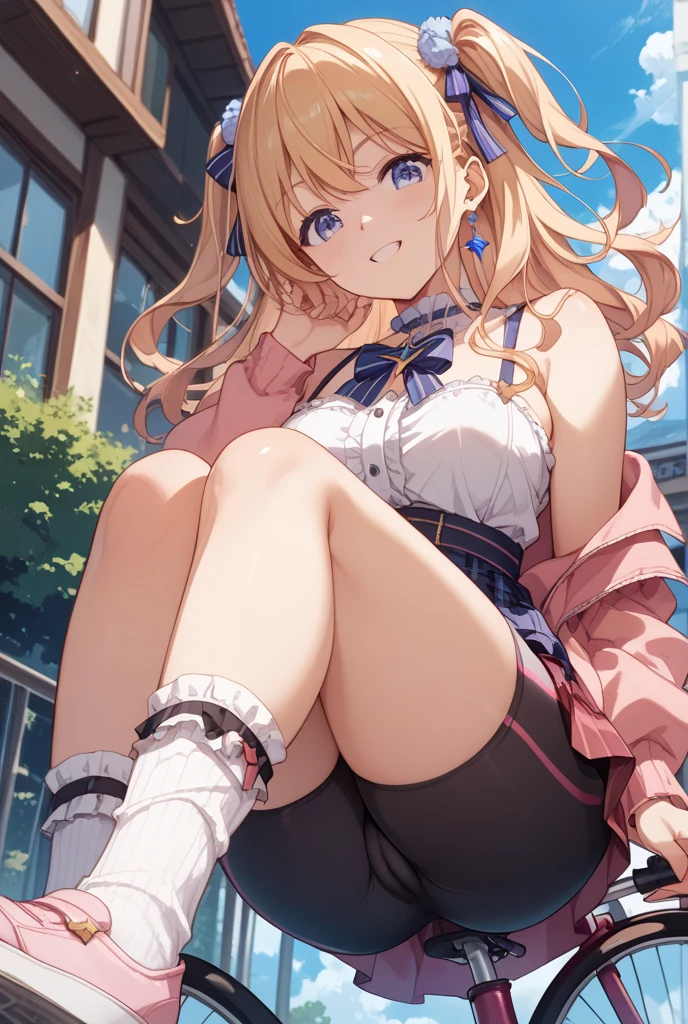 (masterpiece、highest quality、High resolution、realistic pictures、real looking skin:1.1), (the blackＶwearing a neck knit,Moe sleeves,she is wearing a gray pleated miniskirt.:1.1), 1 Japanese woman, beautiful eyes, shining eyes, blonde, medium long hair, university student, (Squat down with both knees facing towards you..:1.8), (Place your elbows on your knees、put your chin on it.:1.5), (slightly exposed pants: 1.5), (simple light blue cotton panties: 1.5), (provocative and grinning expression:1.5), (The place is an amusement park:1.5), (brown knee-length boots:1.5), NSFW