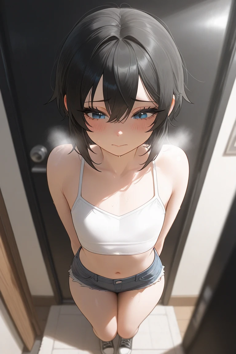 (masterpiece、top-quality、hight resolution、photos realistic、real looking skin:1.1)、(1loli:1.5)、(12year old:1.5)、chiquita、short stature、独奏、full bodyesbian、(very small breasts:1.5)、Beautiful eyes、Shining eyes、embarrassed from、short ponytail、no bra、Chest Pochi、(Sheer white tank top:1.5)、(Fully exposed panties:1.5)、is standing、(arms behind back:1.5)、(Bedroom at night:1.5)、(Simple cotton panties:1.5)、nsfw
