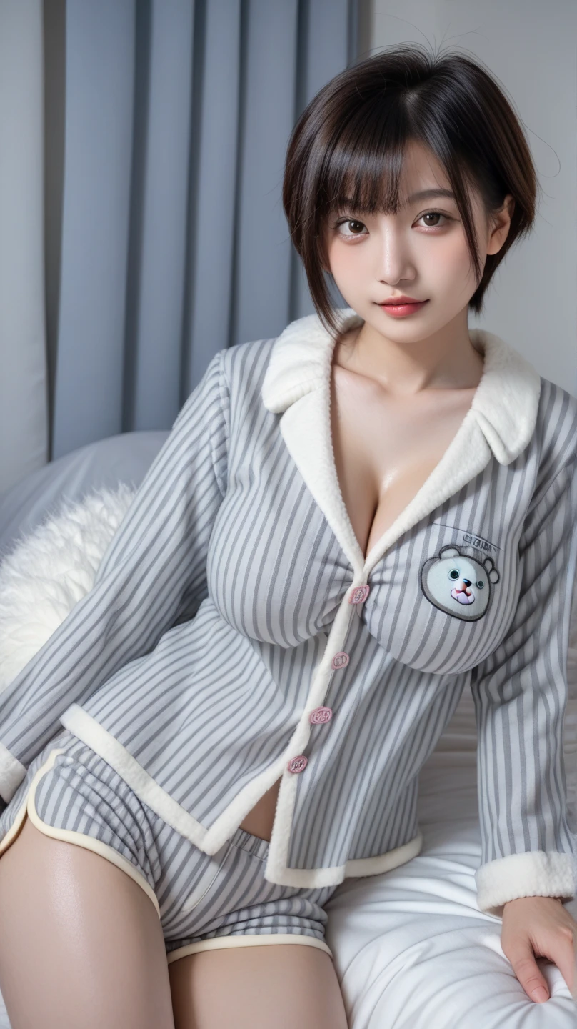 (highest quality,8K,32K,High resolution,masterpiece:1.2), Super detailed, (realistic,photorealistic,photo-realistic:1.37), (sleepy eyes, open your sleepy mouth, highly detailed eyes and face, long eyelashes), studio lighting,Physically based rendering,bright colors, (big breasts, super big breasts, super extra big breasts), (put on makeup, use blush, round fur sleeping cap, night wear:1.5),