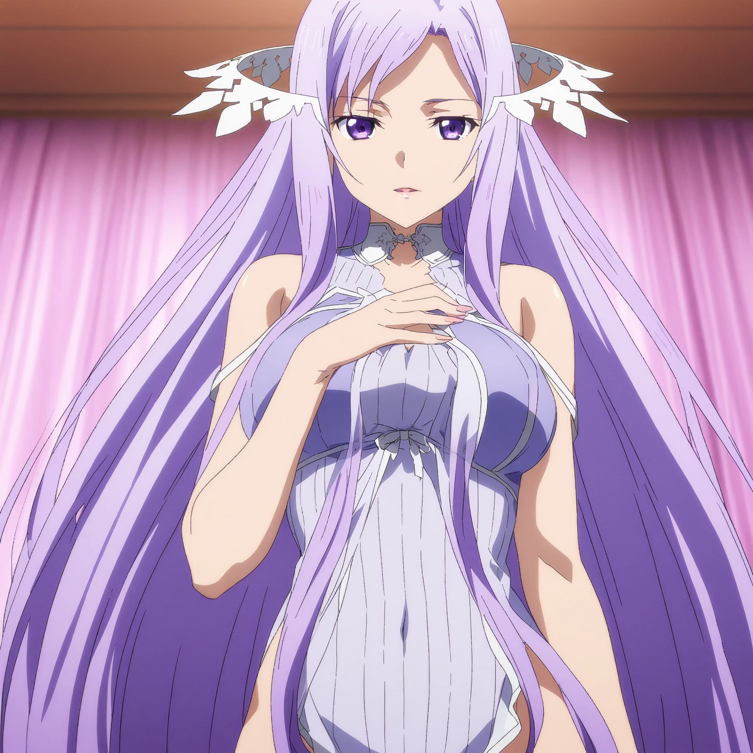 score_9, score_8_up, source_anime, highres, hi res, best quality, masterpiece, 2d, intricate details, official style, anime, 4k, anime style,
1girl, solo, female, long hair, very long hair, purple eyes, purple hair, frown, quinella, sword art online: alicization,
, sling , black , covered , navel, collarbone,  shoulders,  arms, 
waving, waving hand, standing, upper body, portrait, foreshortening, looking at viewer, outside, forest, foliage, trees, branches, plant, <lora:Quinella_Pony:1>