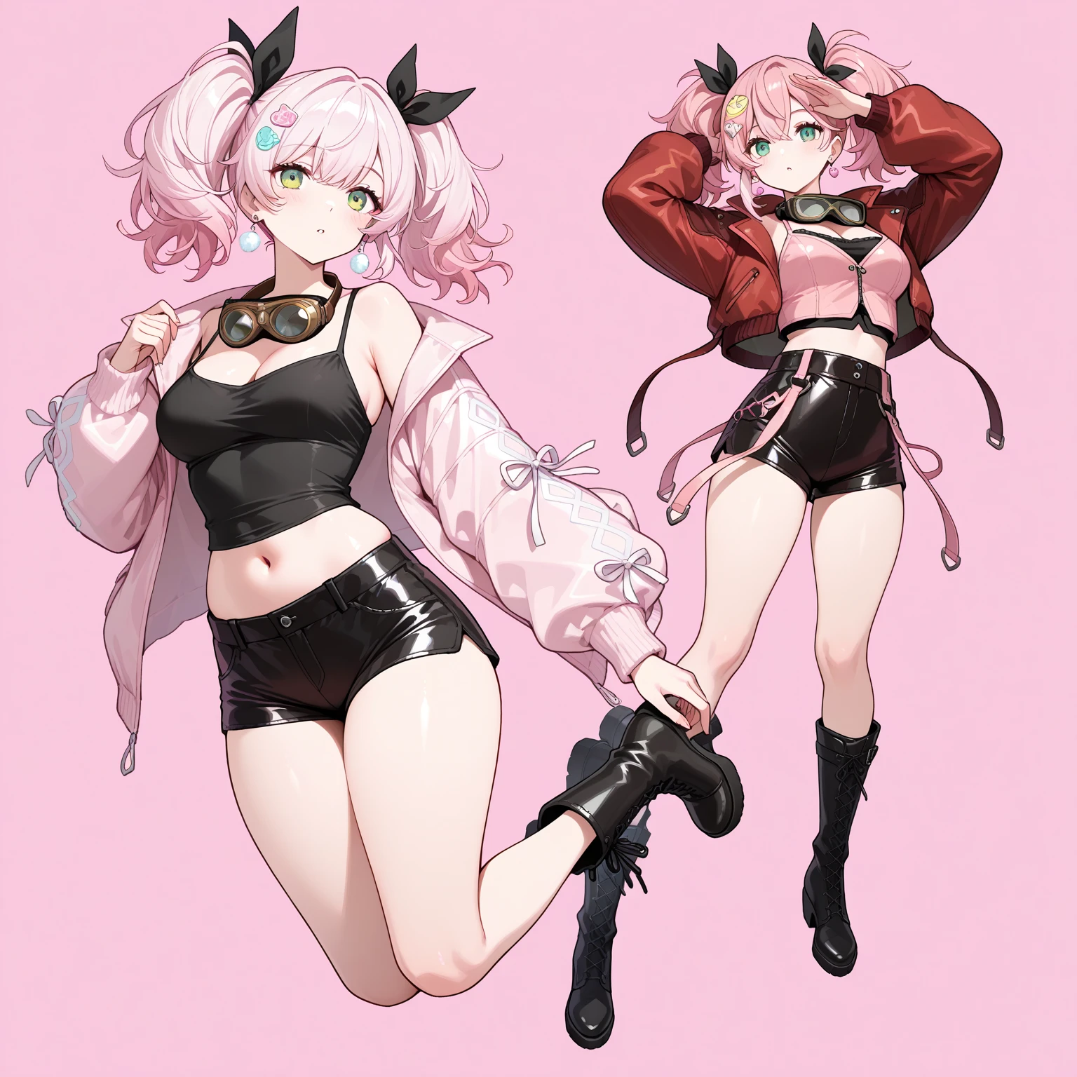 ((Perfect Face))("A succubus with pale skin, medium breasts, white hair with light pink tips, pink eyes, pink demon horns, pink demon tail, pink womb tattoo, and pink crop top, white shorts, white thigh highs, pink ankle boots)((Simple light color background)),((smile)),((Full Body)),((full body)),Portraits,Character Sheet,upright,