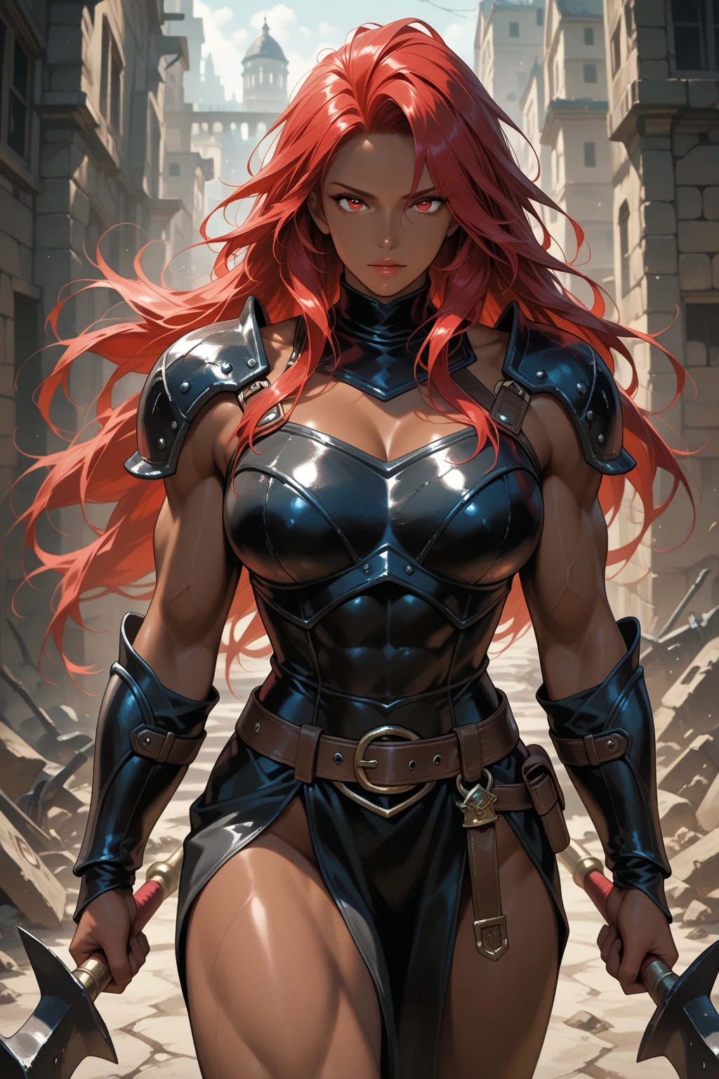 Mature woman, strong, dark skin, bikini, warrior, long red hair, 80s, fantasy.