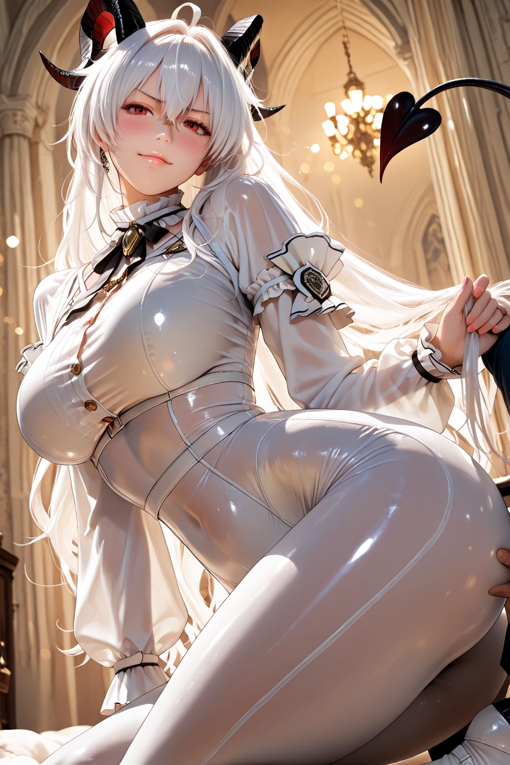 The prompt is: voluptuous, long blond hair, thick thighs, 8K, 4K, best quality, high resolution:1.2), cute anime face, noise reduction, sparkling blue eyes, smile, rounded, wearing a headband, naked, barefoot, toned abs, muscular arms, muscular legs, in a bedroom, (((exposed nipples))). , young face, anime chic eyes, at church, white body suit, white rubber suit,nun,White pantie, ruanyi0109,bdsm,chain,nun,o-ring,see-through,veil,White panties,elbow gloves,dominatrix,collar,cuffs ,thigh strap,thigh boots, upper body statue, squatting down on one's knees
Please note that the prompt should be in English and should not include any explanations or sentences.