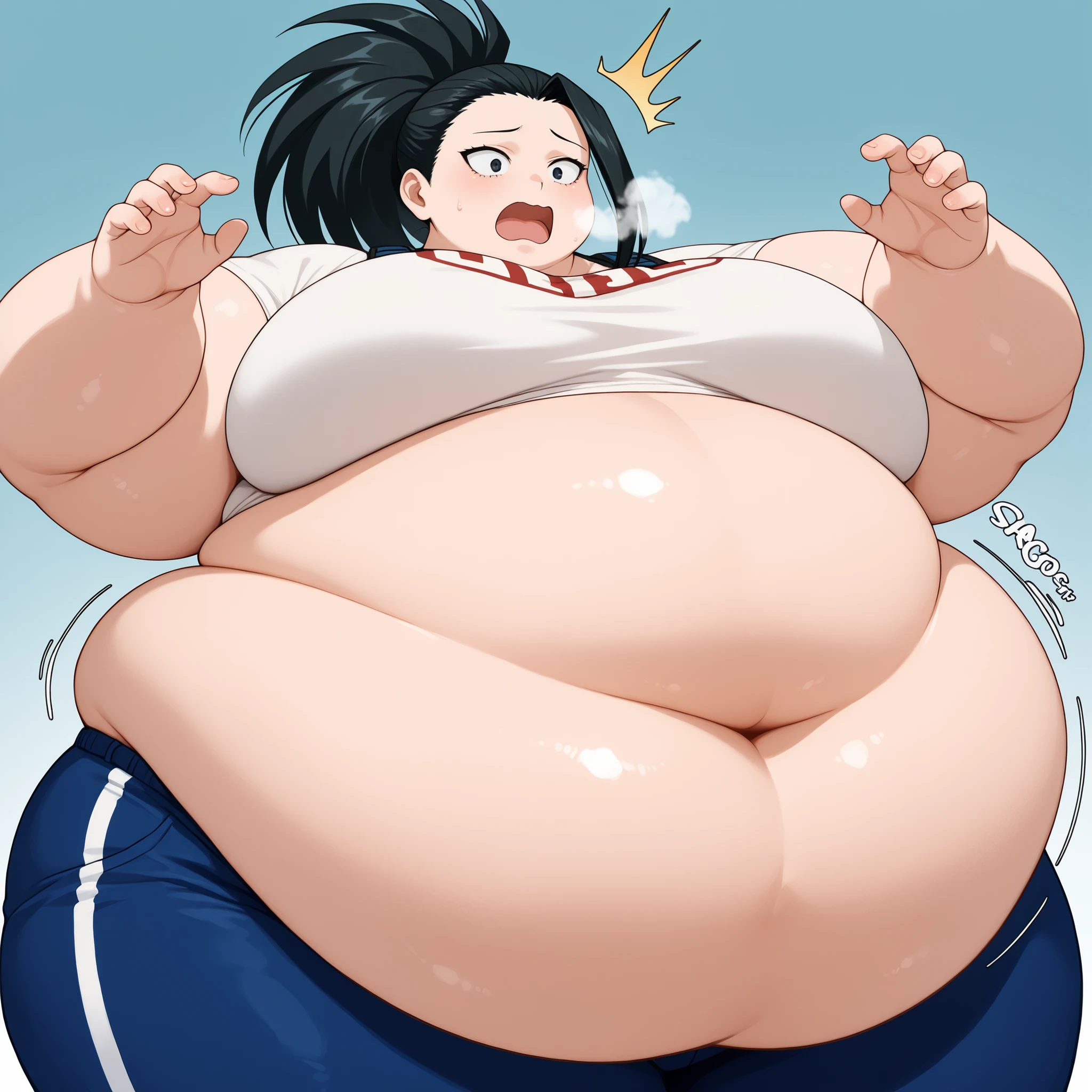 a cartoon image of a girl with glasses in a white robe and black belt, thicc, bbwchan, yellow short hair, black eye, Fluffy and Fat Face, Big Butt, Big Cheeks, Obese Body, Sexy, Obese Girl