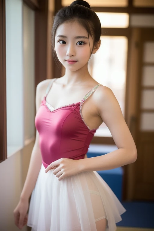 ballerina, Beautiful appearance like a swan, (best quality,16K,highest resolution,table top:1.2),very detailed,(realistic,realistic,realistic:1.37), flexible legs, 23 year old woman, random hairstyle, Emphasize waist line, bright background, An attitude that emphasizes flexibility, ballet suit, light pink pantyhose, pink tutu, Shows the flexibility of the legs, ballet skirt, ballet suit