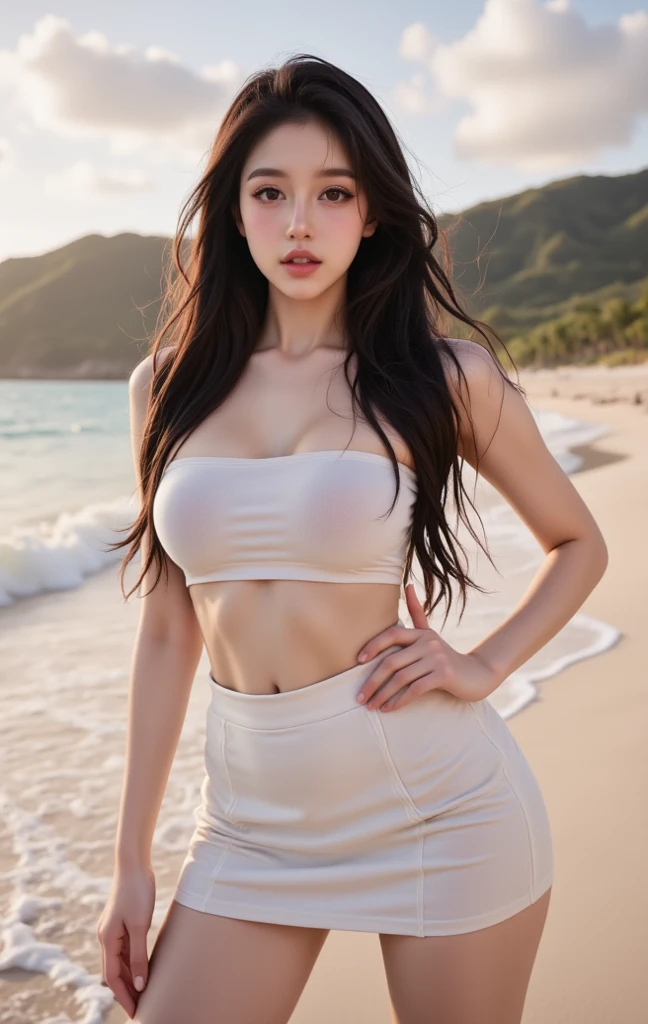 big breasts, round breasts, wearing bra inside ao dai, slim figure, beautiful figure, big breasts, ponytail, sharp 8k quality photo, ((beautiful, sharp, balanced face details) for )), ((beautiful breasts, exposed cleavage, plump body), ((beautiful sparkling eyes, sharp eye details, beautiful face)), at the beach there are many bikinis, white sand beach, sea water blue, many people at the beach((super beautiful body with high details, tight body, big bust, slim waist)), ((thin cleavage, round breasts)), (((wearing a white bra, no pants )))