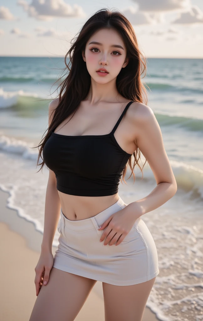 thighs, makeup, (lipstick: 1.1), (eyeliner: 1.2), mascara, eyeshadow, outdoor sports, earrings, wrinkles around the eyes, mouth lines, realistic background and accessories, plump breasts, sexy smile, seductive eyes, sexy lips, hourglass figure, slightly fat, round belly, gray and white striped transparent yoga pants, wearing gray and white turtleneck top, walking on the beach, outdoor, perspective, wide-angle lens, (masterpiece: 1.2, best quality), real, (real situation, 45 years old, exquisite details, depth of field), meticulous, very detailed content, this is a perfect face, perfect figure, big model, mature woman, long legs, 8K, best quality, masterpiece, ultra-high resolution, (real: 1.4), original image, stay focused, rich details, dramatic, exquisite beauty, long curly hair, dynamic angle, (red lips), exquisite graphics, black high heels, standing, casual sexy pose
