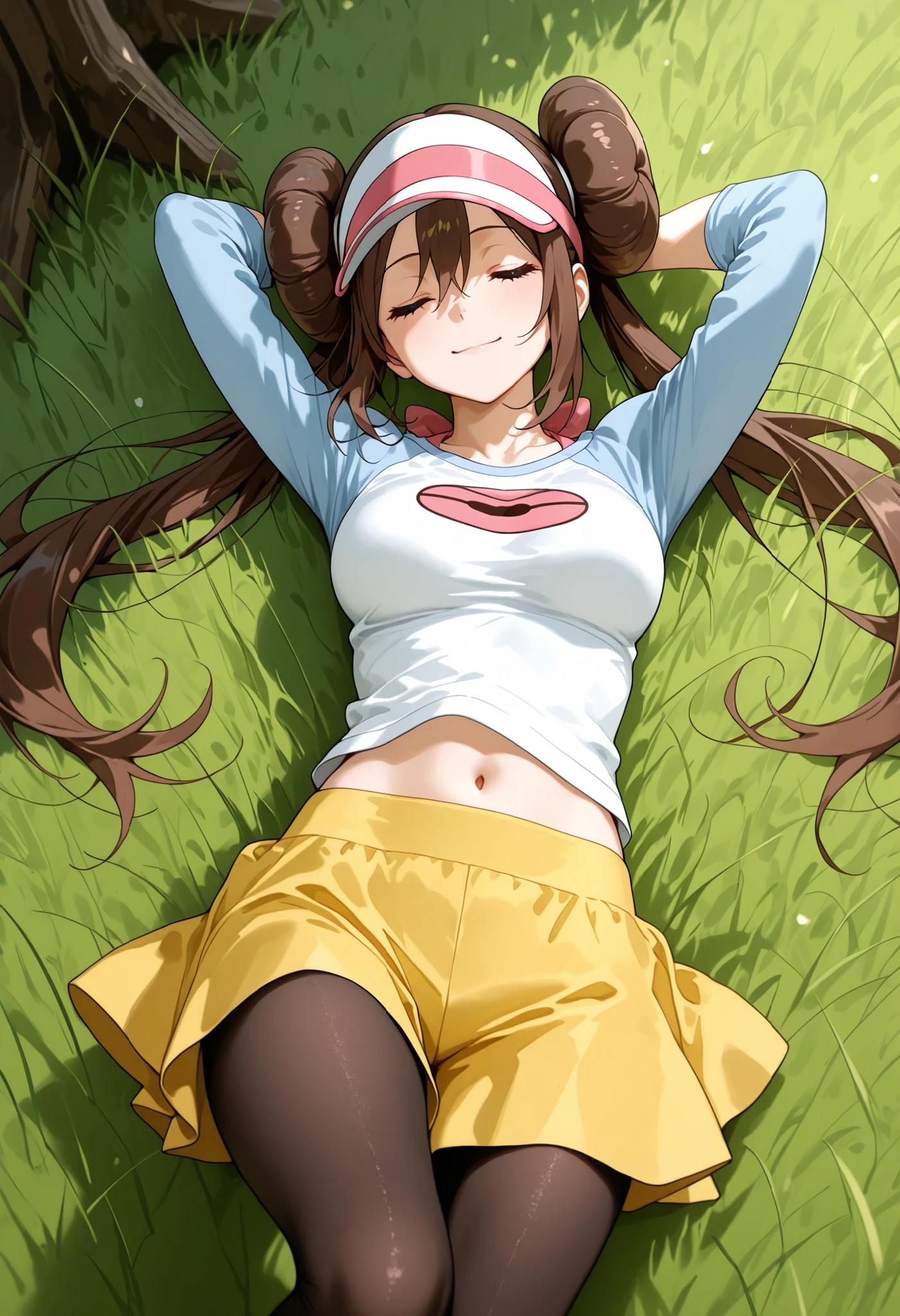 score_9, score_8_up, score_7_up, nh, lying, lying on grass, grass, smile, eyes closed, 1girl, solo, outdoors, rosa, brown hair, double bun, hair bun, hair between eyes, twintails, pantyhose, pantyhose under shorts, raglan sleeves, yellow skirt, white shirt, blue sleeves, visor cap, midriff, ray tracing, arms behind head, medium breasts, navel, from above, pov,