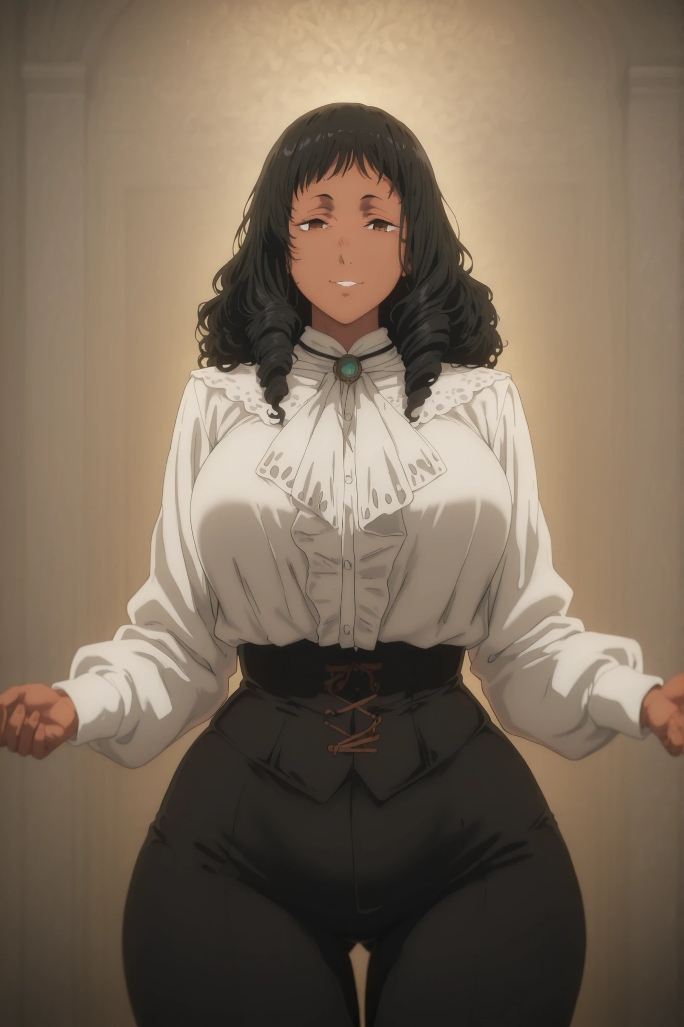 masterpiece,best quality,amazing quality, Anime, Close-up portrait of a tall and elegant young Afro-Swedish woman from the Victorian era (1889), in the anime style of "Moriarty the Patriot". She is 28 years old, with an oval face and a serene and warm expression, dark skin, brown eyes, squinted and framed by long eyelashes, long and soft black hair, curly hair, and a fluffy mane. She has thin, arched eyebrows, perfectly defined, which frame a clear and emotional gaze. She has a beautiful, thin and straight nose. Her lips are well-defined, full and sensual, with straight white teeth, and a warm and generous smile, with a young mature presence. She is 1.75 meters tall, has a slightly plump figure, wide hips, thick waist, and is wearing a white Victorian blouse and black pants, in keeping with the fashion of 1889. The scene presents a calm and cinematic atmosphere, with rich, dim lighting and deep, saturated colors. The soft, serene background enhances the period setting. Her posture is elegant, embodying a maternal and intelligent aura, evoking emotional depth and mystery, in a frame inspired by "Moriarty the Patriot," the art style of Yuukoku no Moriarty, chainsaw_man_style,vioeverstyle