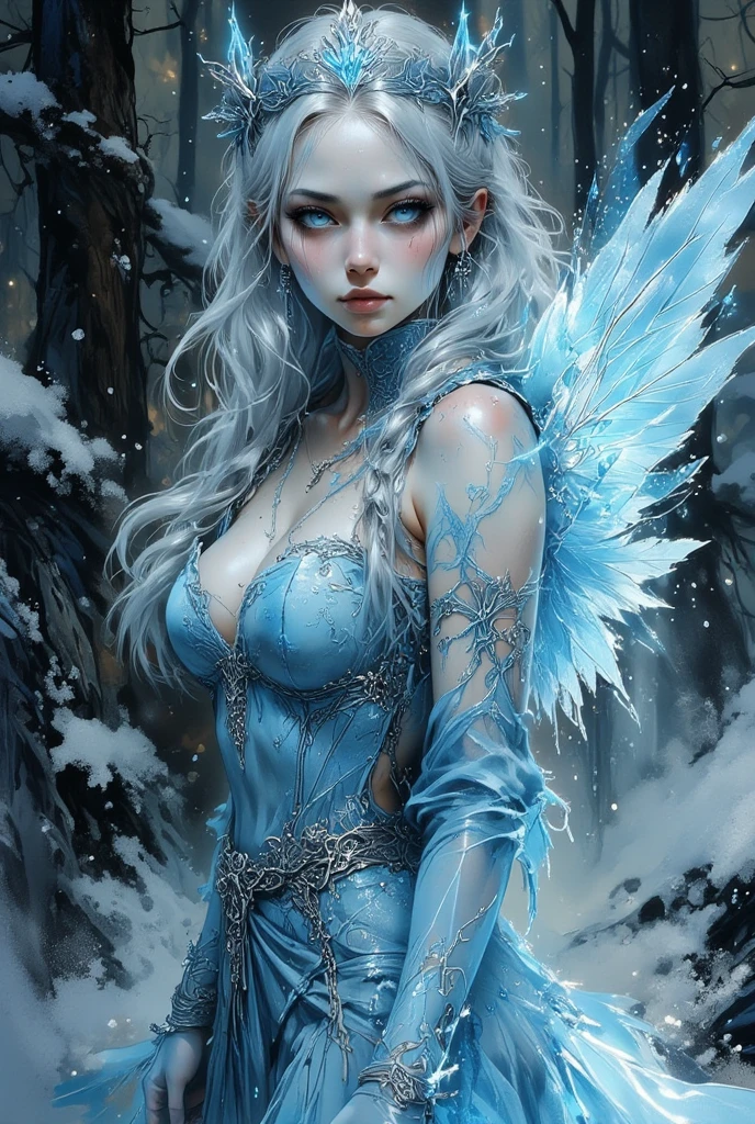 Best quality, cinematic image, Detailе.ed image, fantasy, mythical creature, horns, ice scales, beautiful woman, ice spirit, The Snow Queen, blue skin, Ice Dragon, detailed beautiful голубыe eyes, very long wavy white hair, cold look, White dress, big beautiful breasts, winter forest