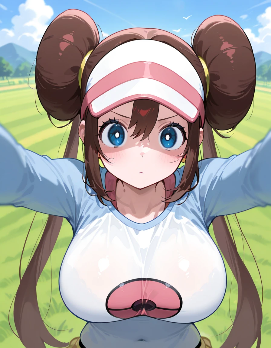 masterpiece, best quality, highres, illustration, highly detailed, hair bun, blue eyes, twintails, visor cap, 1girl, solo, Rosa(Pokemon), large breasts, breasts out, beautiful detailed eyes, cleavage, snake, (coiled), snake scales detailed, restrained, scared face, crying, nude, milk dripped from her nipples