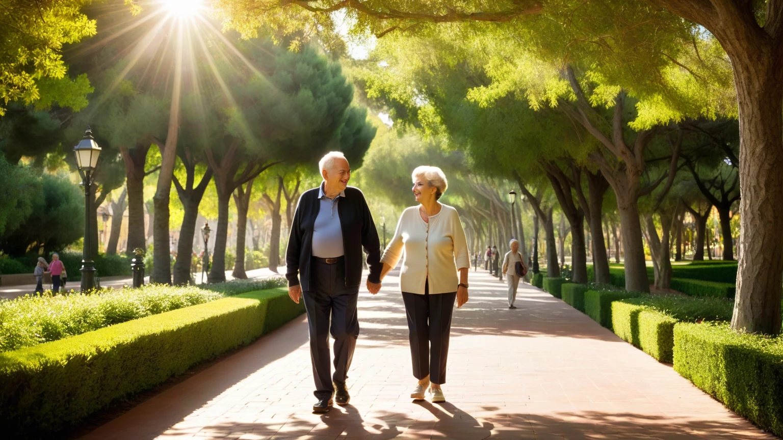An older couple, both around 50 years old, walking hand in hand through a lush, green park in the morning. They are smiling and look happy and content, exuding a sense of healing and tranquility. The man has short, graying hair and is wearing a casual button-up shirt with jeans, while the woman has shoulder-length, graying hair and is dressed in a light, floral dress. Their faces show gentle wrinkles, indicating their age but also their warmth and kindness. They are walking on a pathway surrounded by trees and blooming flowers, with soft morning sunlight filtering through the leaves, casting a gentle glow. The background shows a serene park scene with benches, a small pond, and birds flying. The focus is on their faces and hands, capturing their expressions and the detail of their intertwined fingers."Detailed Parameters:Image Resolution: 1024x1024 pixels (or higher for more detail)Sampling Steps: 150-200 stepsCFG Scale: 10 for balanced guidanceModel: Use a high-quality pre-trained model fine-tuned for realistic imagesScene Parameters:Environment: Lush green park, morning lightLighting: Soft, natural morning sunlight with slight golden huesBackground Elements: Trees, blooming flowers, pathway, benches, small pond, birds flying,Walking hand in hand, relaxed posture, Realistic proportions, subtle aging details, Smiling, content, showing warmth and kindness, Gentle wrinkles, natural aging signs, Hands intertwined, showing detail of fingers and skin textur,Outfit,Casual, comfortable clothing appropriate for a morning walkMan: Short, graying hair, casual button-up shirt, jeansWoman: Shoulder-length graying hair, light floral dressLight Parameters:Lighting Conditions: Soft, diffuse morning sunlightShadow Details: Gentle shadows for depth, highlights on faces and handsPhotography Parameters:Lens: Standard 35mm lens for a natural perspectiveFocus:Focus: Shallow depth of field to keep the couple in sharp focus with a slightly blurred backgroundComposition: Centere, f/2.8