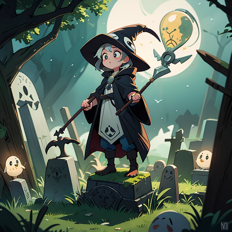 16-bit pixel graphics, gloomy atmosphere, night, masterpiece, best quality, ultra-detailed, isometric, sorceresses brew a potion in a huge cauldron, against the background of graveyard (cemetery), flying ghosts (flying ghosts).