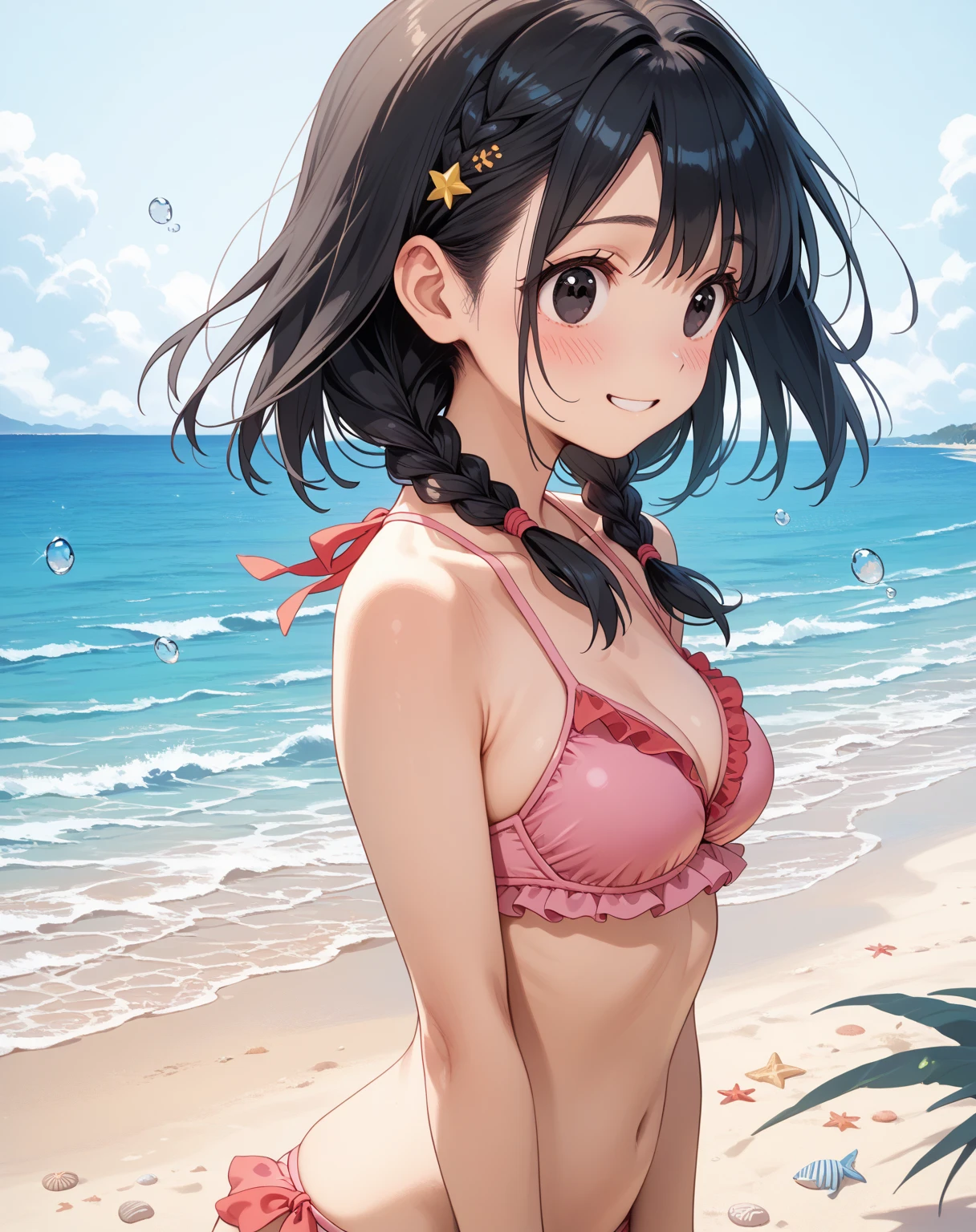 a cute Japanese girl with a bob cut in a swimsuit under natural light、She is laughing happily on the beach。she20She is wearing hairpins in her hair at the age of。