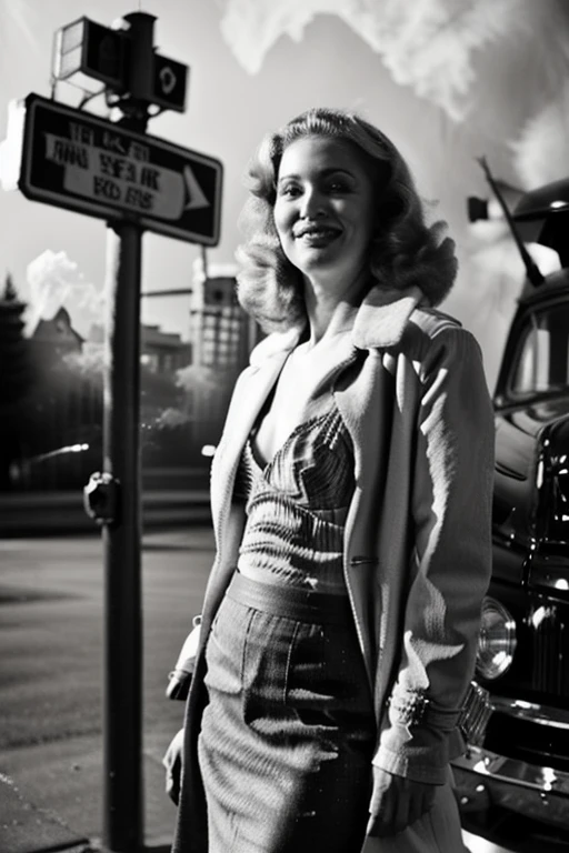 full body color portrait of a smiling 26 y.o.lauren (styled in a 1940's dress:1.3), (highly detailed face:1.5), (highly detailed skin:1.4), (1940's blonde Pompadour Hairstyle:1.2), (toned body, small breasts, small hips:1.5), (standing in the street:1.5), (background, sunset, 1940's times square:1.4), (soft studio lighting, volumetric shadows), Kodak Panchromatic Cine Film