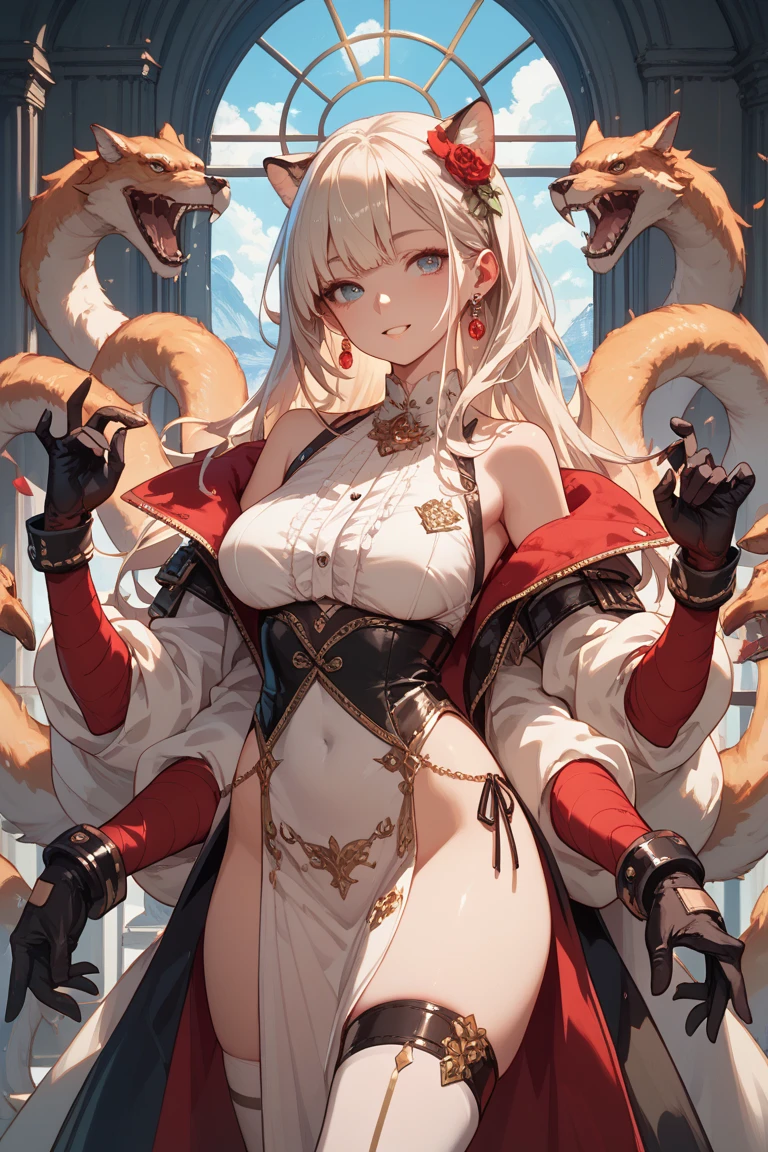 sfw, 1 girl, bangss, hair blonde, fêmea de darkskin, darkskin, demon girl, aretes, hair over one eye, antlers, Breasts huge, we helmets, jewerly, breasts big, lips, long hair, gazing at viewer, make up, wart on chest, wart under the mouth, へそ, Kale, parted lips, Ablaze, Ablaze skin, standing alone, trunk, White background, yellow eyes