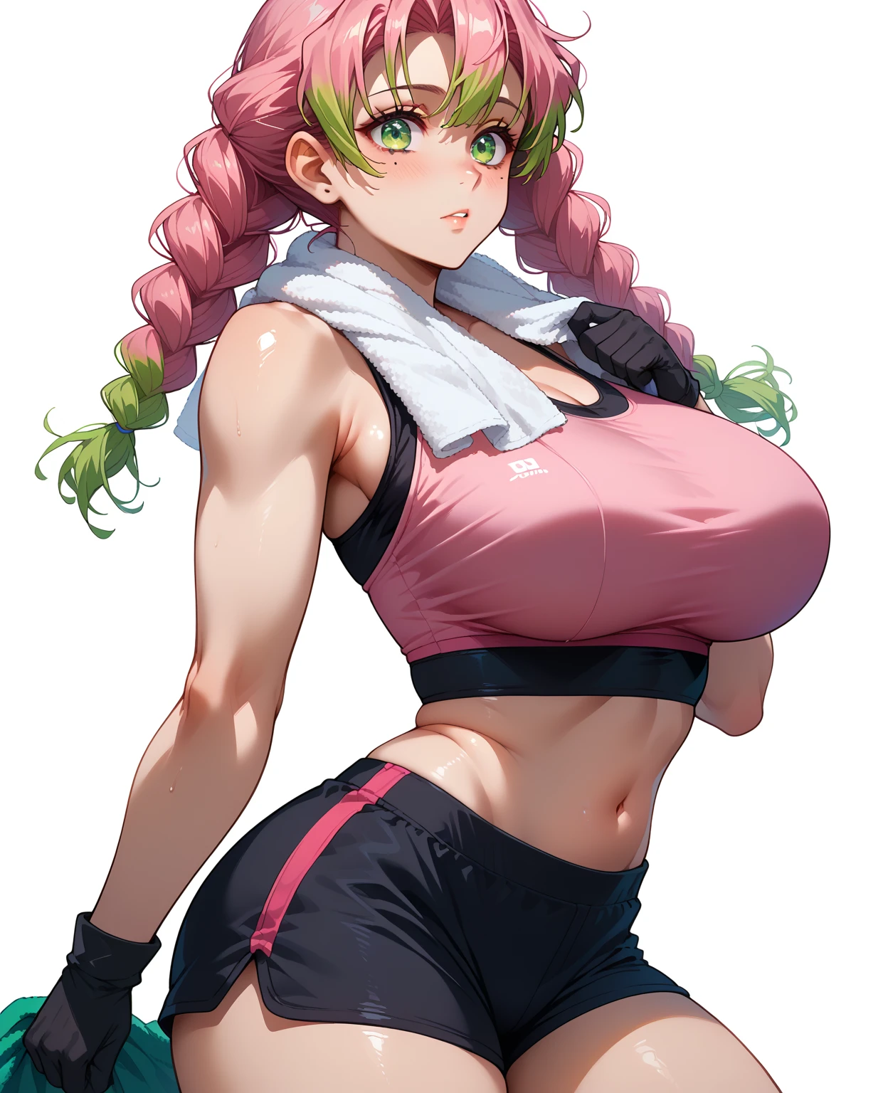A beautiful green hair woman with three braids and deep blue eyes, gazing condescendingly at the viewer with a cute grinning expression, extremely detailed and realistic, masterpiece quality, ultra-detailed, HDR, studio lighting, vivid colors, physically-based rendering, thick muscular thighs,Cute gym clothes, large breast

