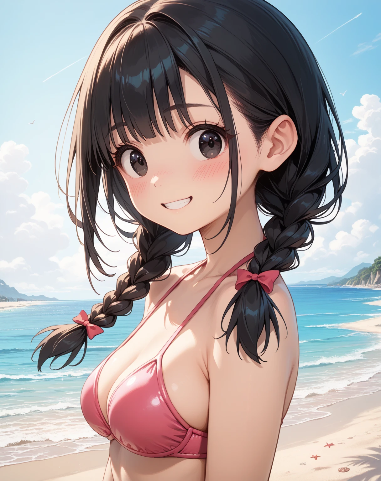 masterpiece,highest quality, Ultra-high resolution,(a Beautiful woman:1.2),(Upward-facing chest, Beautiful big boobs:1.5), cleavage, (Happy:1.2),(enjoy:1.2), (Black Hair:1), (short up ponytail:1.2), Medium Hair,Sexy mole around mouth,Wet lips, wet hair, (It gushes out:1.4), (Squint your eyes:1.4), (simple swim wear Small floral print swimwear), ((No Good)),Hold your Good,(cute, White, Red, Good), simple mini bikini, seaside, , Realistic Background,