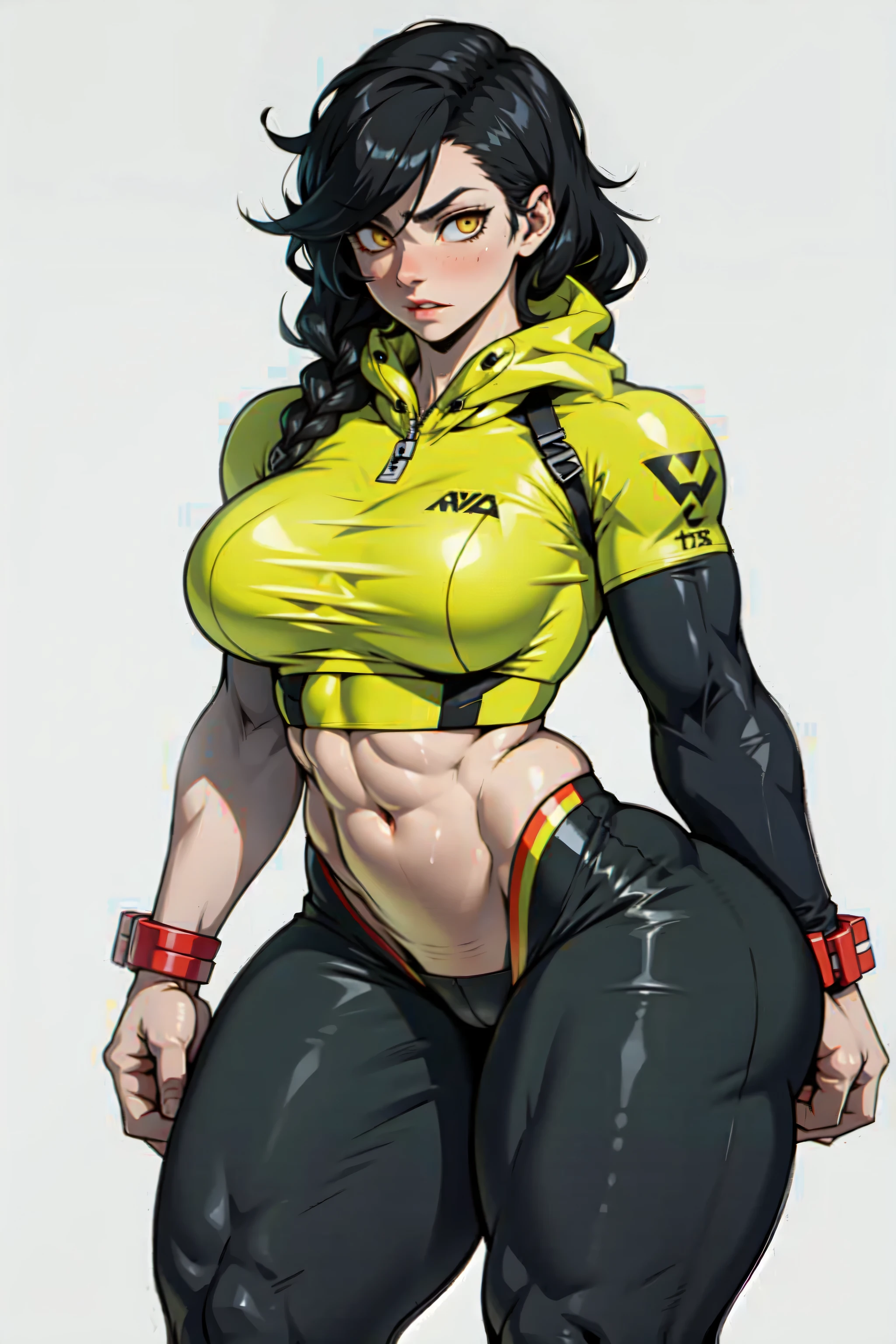 ((grey background)), solo, ((((1 girl)))), very long hair, black hair, angry, yellow eyes, (((((muscular))))), (huge tits), (thick thighs), (wide hips), pale skin, standing, slick hair, hoodie, leggings