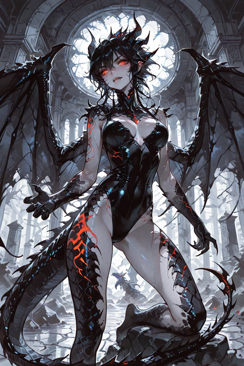 (masterpiece, best quality), 1lady, solo, (white Scales, scaly body), black hair, red eyes, (art by Adam Hughes, zdzislaw beksinski, dariusz zawadzki, giger, frank cho), (big breasts:1), (naked:0.3), (cameltoe:1), (harpy, claws, feathers:1.2), mythical Greece,