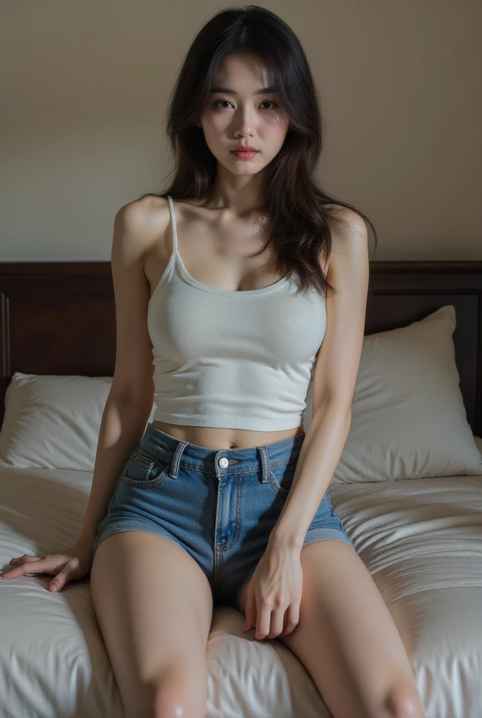 Girl in white shirt and tight denim skirt posing for photo, full body, legs spread, cut t-shirt, bra, slim body, small bust, slim girl model, 24 year old female model, lying down, shy, skin wet, sweating