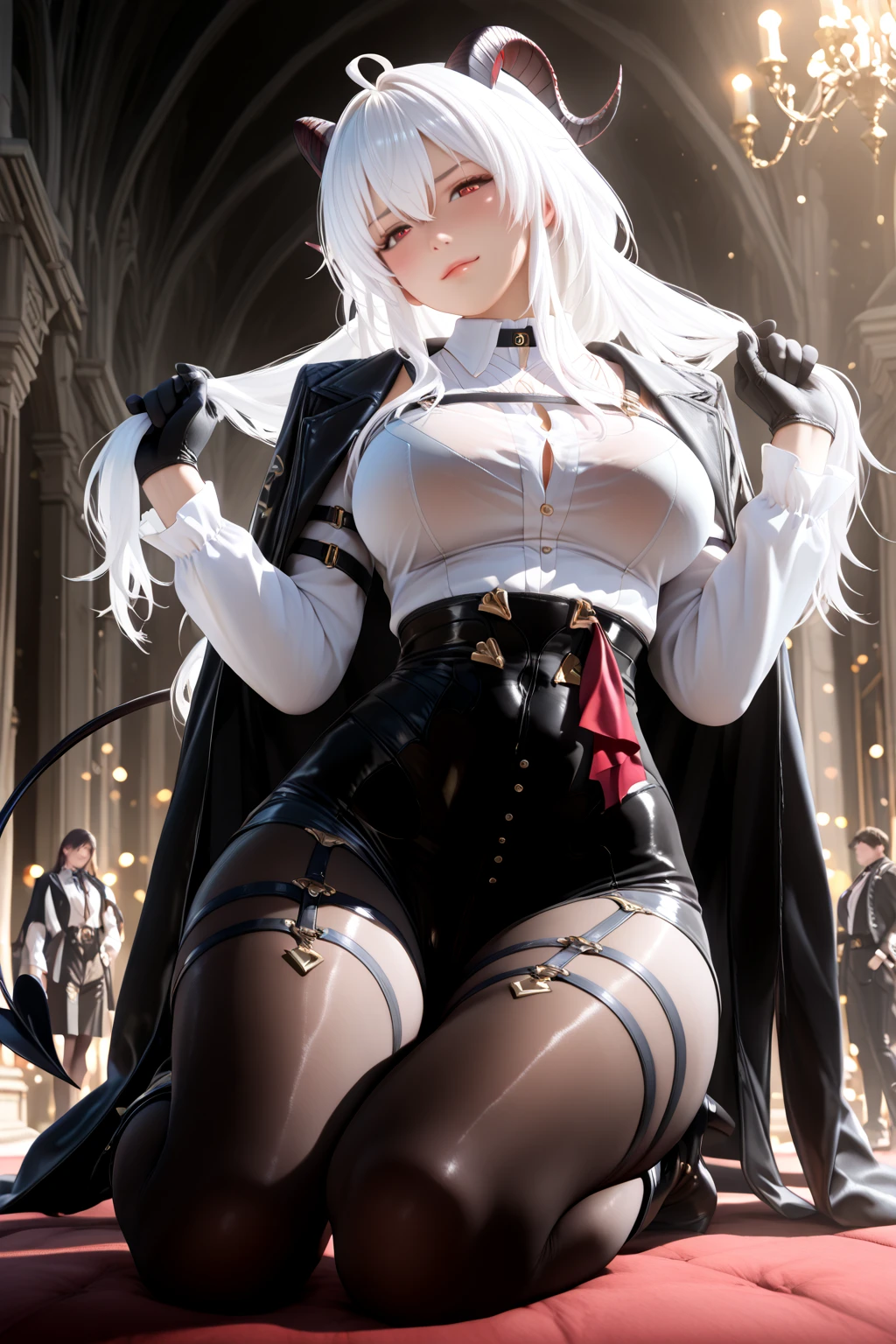 black hair, long hair, parted bangs, 1girl, blood, squatting, solo, very_long_hair, serafuku, navel, school_uniform, breasts, skirt, choker, black_serafuku, looking_at_viewer, black_skirt, midriff, black_footwear, gloves, high_heels, teeth, sleeves_rolled_up, jacket, large_breasts