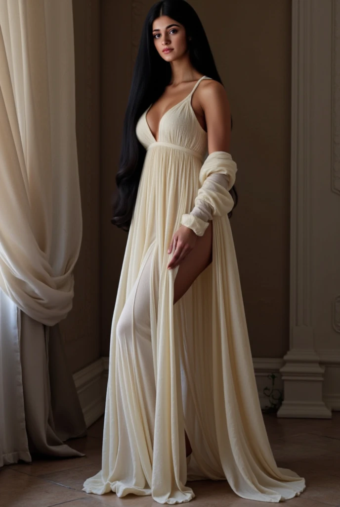 30 years classy old bettie page, makeup, olive skin, curly black hair (middle lenght), inside the luxury Oper hall longue, watin to enter the theatre , winter times, , daylight seductive smile, open legs ,longest ever white silk trench , white wool sweater, high white boots, luxurious long white silk chiffon evening dress, white cloth gloves,