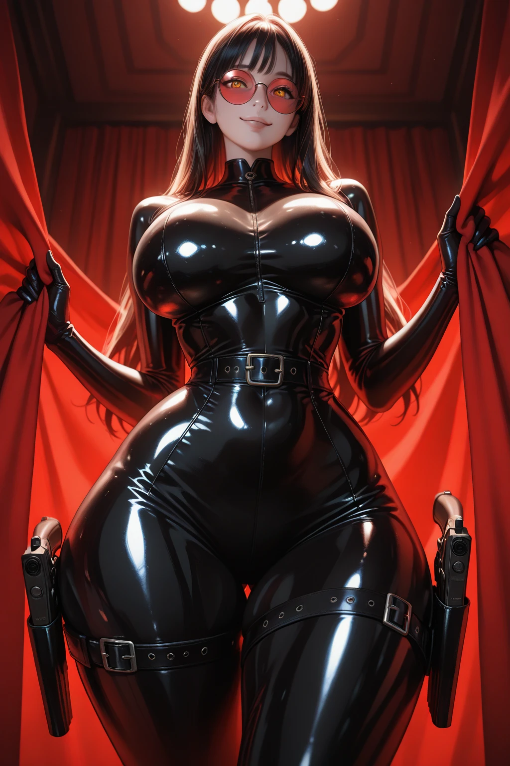 From below,Woman in red tight latex clothes,byself,Stand up,Hands were hoisted,((gigantic cleavage breasts)),Huge stacked breasts,(Surreal breasts )((Extremely full breasts)),((Super large)),Big breasts Thin waist,(((Extremely large breasts))),worried expression,seductiv