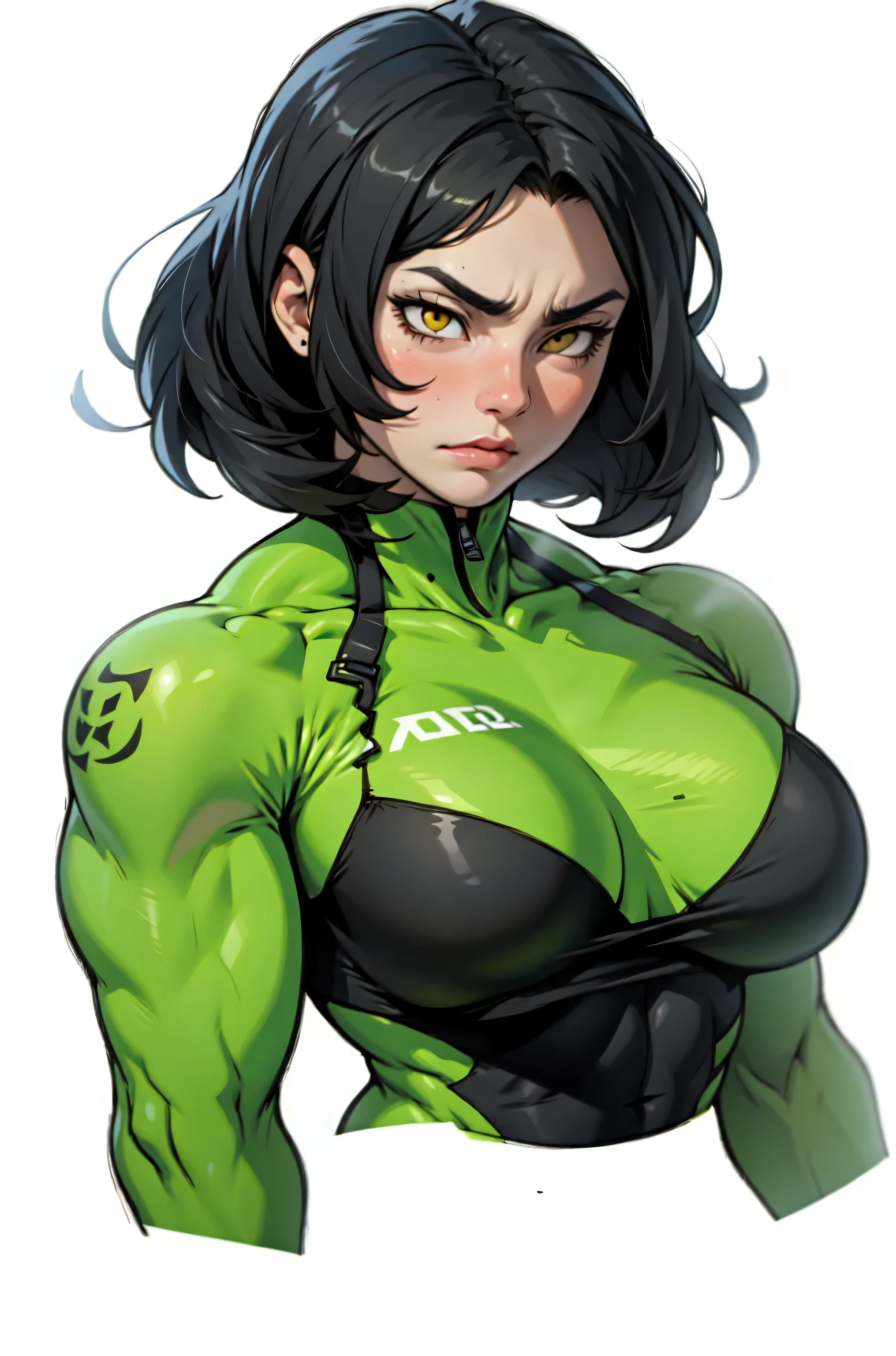 muscular girl big breasts black hair yellow eyes expressionless pale girl waist
