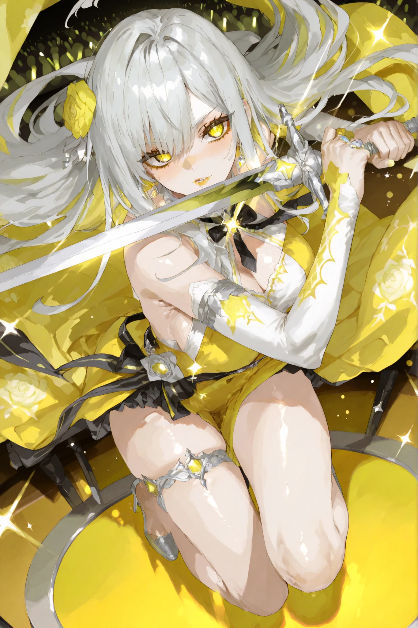 (man:100%) (close-up of a better masterpiece:0.5)0.9], (stage:8) (Scattered silver hair:1) (Yellow and yellow eyes:1.2) (Long two-pronged:1.0) (by color in the eyes:1.0) (Shining brilliance:1.1) (thick lips jumping:0.9) (silver hair 1.0) (Full body ratio 100) (celebrity) (1 jewel in a beautiful spanny dress:0.5) (mike) (Fist with a sword on the thigh 1)