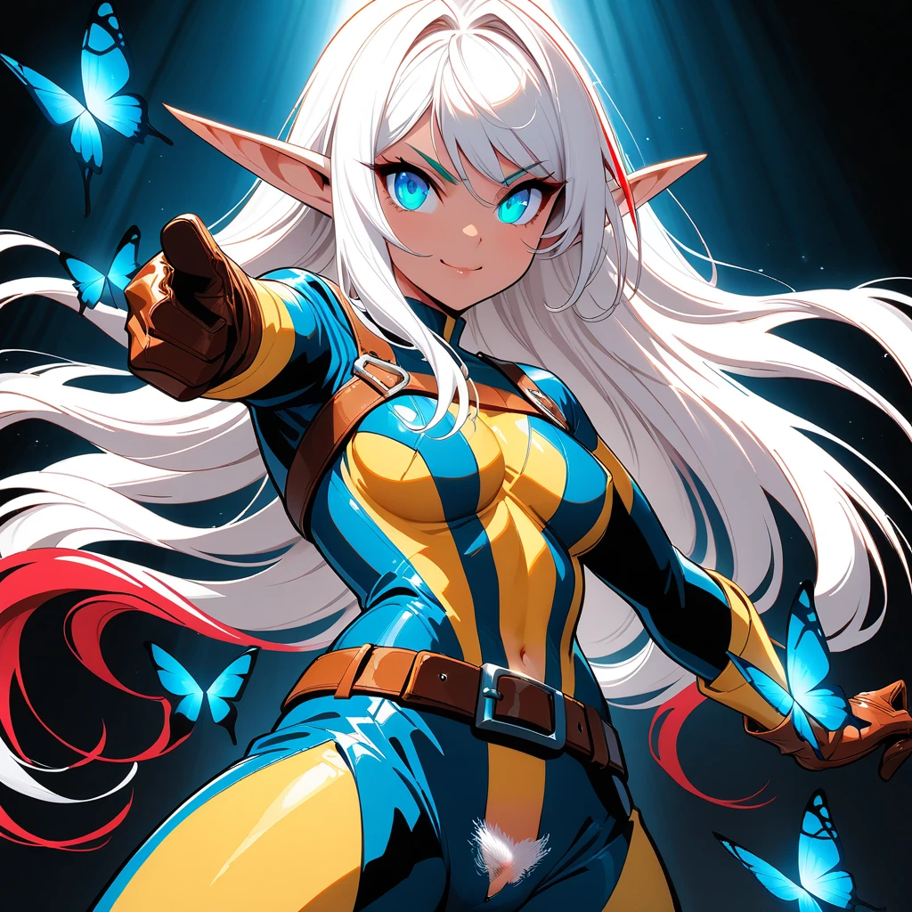 <lora:Aura_Overlord_1_0:0.8> (((picture perfect))), (absurdres), 1girl, solo, <lora:aura-overlord:0.8>, aura bella fiora, red shirt, white vest, white pants, glove, looking at viewer, smile, dark elf, heterochromia, blue eye, green eye,