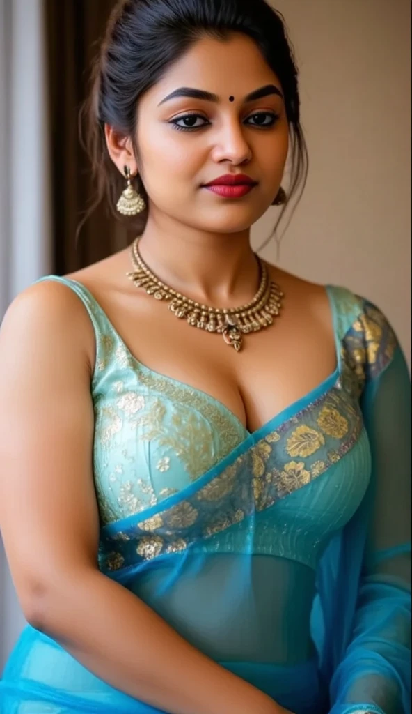 extreme close up photo of 25 years old Sreeleela as a doctor wearing stethoscope with red doctor scout jacket on blue lace lingerie in hospital, hourglass figure, swooping breasts, deep cleavage, erotic standing hold onto a table with wide open spread legs, seductive eyes, sultry, look at viewer lusciously, subtle smile, red lips, ponytail, necklace, 4K, HD