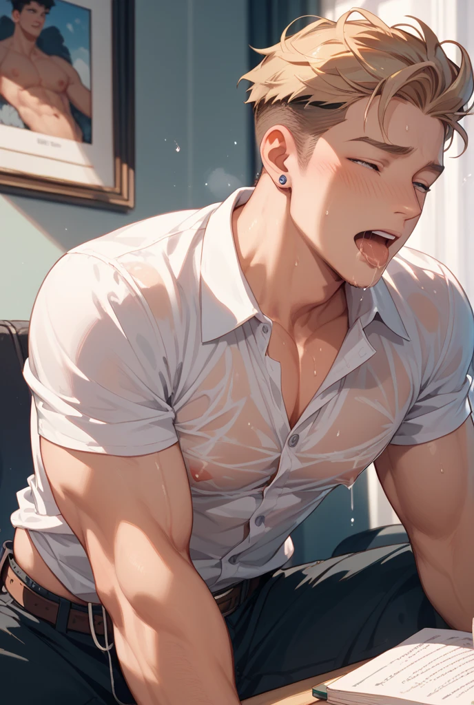ultra-detailed, masterpiece, best quality, highres, extremely detailed, nsfw, (solo shoot:1.5), (1boy:1.5), man, (lean guy:1.5), short hair, work clothes, open shirt, ??????????, torn clothes, drunk, (restrained:1.5), shackles, handcuffs, bondage, (excessive ??? on body:1.5), train interior