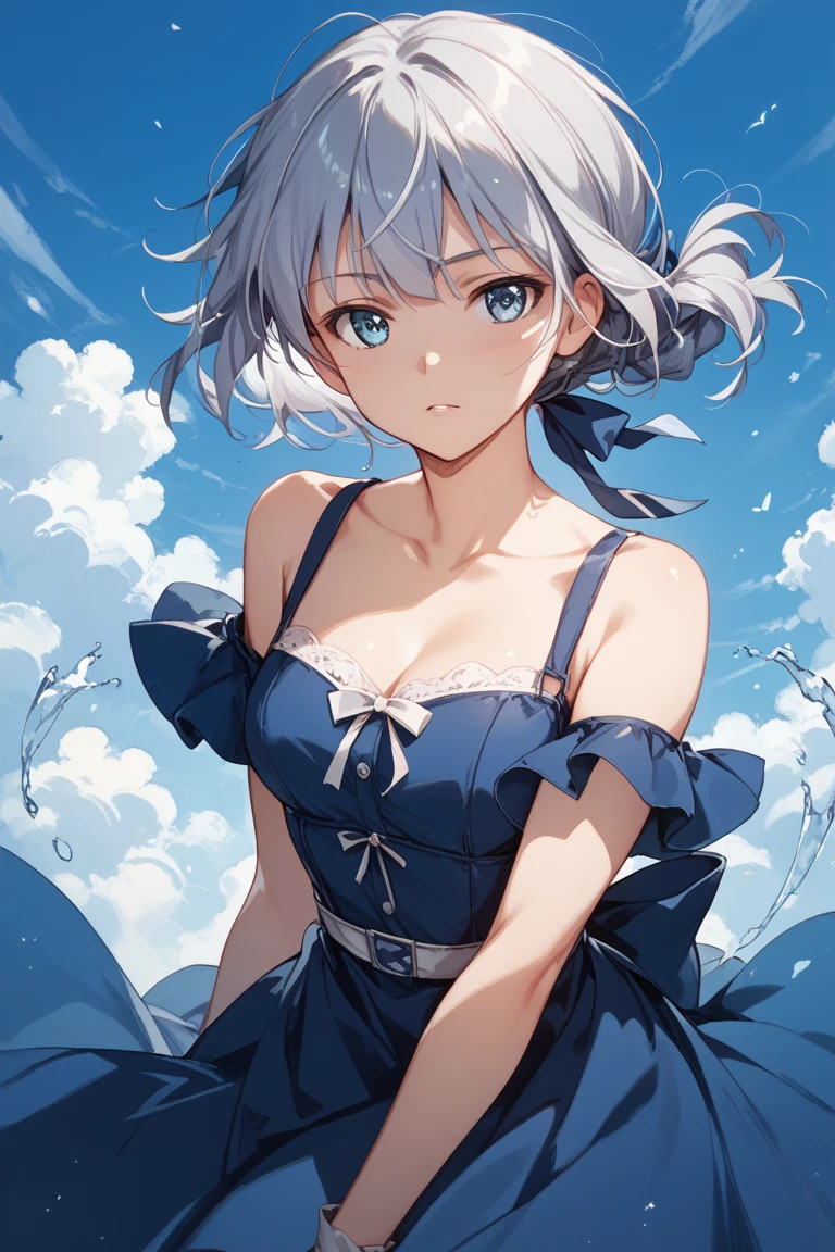 ​masterpiece,(top-quality),(1girl in) ,独奏,(highly contrast:1.2),(a high chroma:1.2), (Put your hands in your pockets)),((Black and white dress)),Look at viewers,((White and light blue theme:1.3)),((White and light blue background:1.5)),white  hair,blue eyess,((Walk:1.3)),full body Esbian,Black footwear,((Light blue water, White clouds and sun in the sky)),((From  above:1.2)), Fashionable, femele, with a vibrant, outfits, the pose, the front, Colorful, Dynamic, Background with, element, I'm confident, expresive, ngel, statement, accessorized, An majestic, coiled, surroundings, Touch, The scene, covers, It's bold, captures the attention, Titles, Stylish, Catchy, The large, Impressive, moderno, Trendy, Focus, lo fashion,