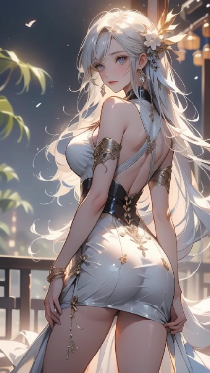 "(top-quality、tmasterpiece:1.2,Unity 16K wallpaper, Masterpiece, Best quality, super ultra detail, Extremely detailed CG, Caustics, Cinematic lighting, Detailed, Beautiful detailed eyes, Solo), 超高分辨率, Fine skin, teens girl,long white hair、Smooth skin、Beautiful mouth、Smooth legs、busty figure,Black and white transparent close-fitting cheongsam,Moon,onbed,Riding position,Visible on the back,Butt visible,Secondary breasts are visible"