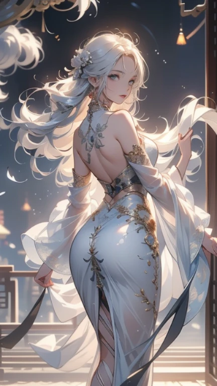 The upper part of the body、profile、8K、realphoto、超A high resolution, Master Parts, Best Quality, nffsw , cinematic images,Lovely girl、ann、16 only、Anglo-Saxon、二重まぶた、drooing eyes、Very big eyes、Eyes purple、Dark eye shadow、The lips are very thin、The tip of the nose stretches beautifully..................、the tip of the nose is small,,,,, ighly detailed , Silver hair、Straight short hair、ssmile、 Sweet look 、a very beautiful woman、legs are long、 Very clear shadows , jewely , A sexy , A detailed eye, very intricate, shiny skins , Perfect Brilliant, Perfect Lighting, Dramatic shadows、White tiara on head、Gold necklace around the neck、White aristocratic dress with gold embroidery、Glass High Heels