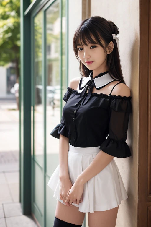(skin blemish:1.2), (skindentation), black eye, 1woman, 25yo, (((woman))), solo, realistic, best quality, photorealistic, masterpiece, 8k, high res, solo, extremely detailed face, (professional lighting, bokeh), (light particles, lens flare, glowing particles:0.6), (dynamic pose:1.2), soft lighting, top angle view, fashionable and trendy atmosphere, japan, (street), tokyo, city, park ((daytime)), sky, ((looking at the viewer:1)), (looking at the camera),(portrait:0.6), cowboy shot, gorgeous, standing, keep original facial proportion, wide shoulder, full body, (small breast), (medium hair), brown hair, floating hair, lips, lipstick, seductive smile, floating hair, smile, open_mouth, teeth, (sleeves less white blouse), (jumper skirt), one piece dress, eyelashes, mole, (mole under eye:1), <lora:AmakuniR:0.8>