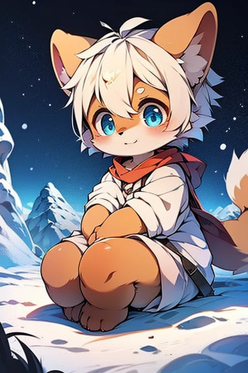 kemoshota, best quality,best resolution,(fluffy anthro furry :1.6),(young :1.6),  dog shota, dachshund, albino white fur, naked, heavy breath, plenty drool, dynamic angle,  boy,Masterpiece,cub,best resolution, white hair boy, ears, tail, pubic fur, sweating, full face blush, naked towel, Solo, kemono, blushes, look at camera, smile open mouth, standing on mouth, view from mountain, cloud fog background, sunrise time, beautiful contrast of light and dark, tiny small flaccid phimosis, 