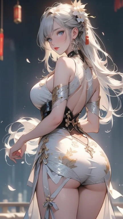 Adult woman, very long white hair, green eyes, tight green chinese dress, golden tight pants, wide neckline, open breasts, golden elements, smile, Masterpiece, best quality, Full HD, 8k, ultra details, great graphic