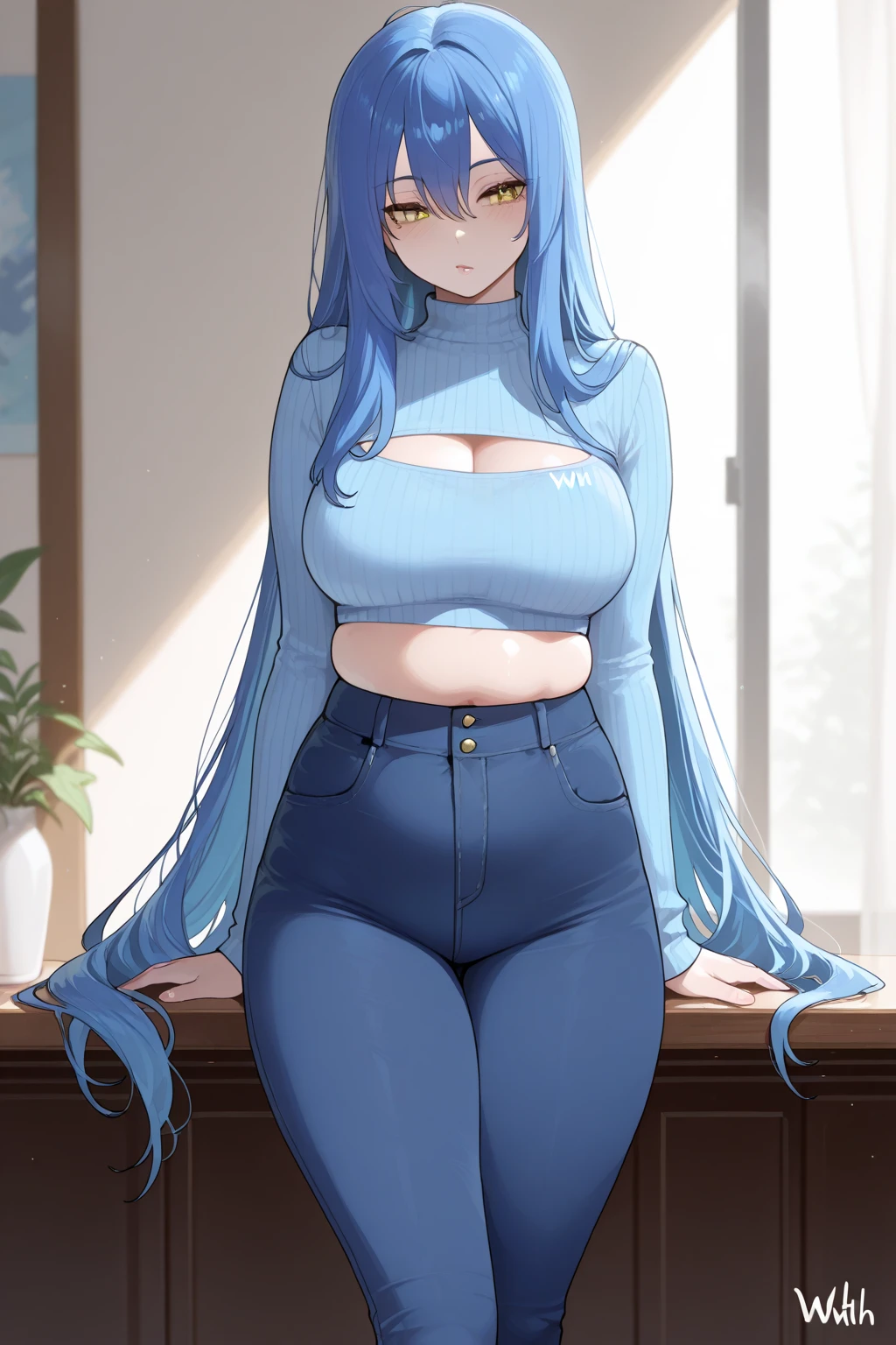 My name is Yukiko.I am a white test woman with long light blue  hair,red eye color.I am 1.62 cm tall . My breasts measure 200 cm, my waist 40 cm and my hips 200 cm. Dressed in black jeans short showing the string of the thong at my waist and a red sports bra . With huge breasts 200 cm