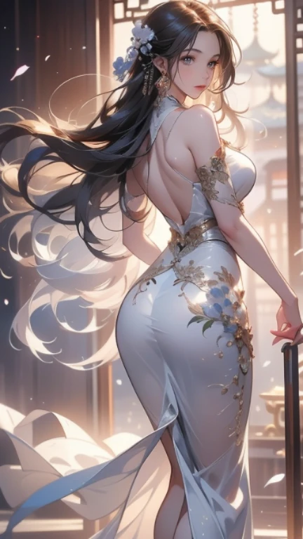 (Realistic:1.3), (masterpiece:1.2), (photoRealistic:1.1), (highest quality), (Detailed skin:1.3), (Intricate details), Reduces light reflections, 1 woman, 19 years old, Detailed skin texture, (blush:0.6), Scattered beneath the surface, (smile), Black Hair, Straight Hair, medium Long Hair, Calm hair, bangs, Hair between the eyes, Hair volume is low, Sparkling blue eyes, Lens Eye, Light reflection in the eyes, Symmetrical eyes, looking at the camera, hair ornaments, Wearing China dress, Floral prints on clothes, medium Long Skirt, sleeveless, Side slits, ((white gold China dress)), She has only two legs, Two arms, Five fingers, Two joints in the fingers, barefoot, Depict the whole body, from back, Inside the room, ((Do not cover the crotch)), ((Whitish beige panty)), (vagina), Perfect body balance, beautiful legs, slim legs, open her knees very wide, ((move the panty to the side by fingers)), night room, Panties and clothes cannot be connected, vagina, left and right legs the same thickness
panties with a strap, big tits, (fingers in vagina), panty is on the knee
