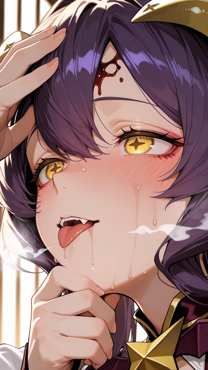 1girl, rice shower \(umamusume\), small breasts, saliva, ecstasy, torogao, hair over one eye, closed-eyes, messy hair, tongue out, close-up, steam, visible air, sweat, cinematic angle, (face focus), looking at viewer, close-up, cum on hair, cum on tongue, bukkake, masterpiece, (heart), (sound effect), NSFW, explicit