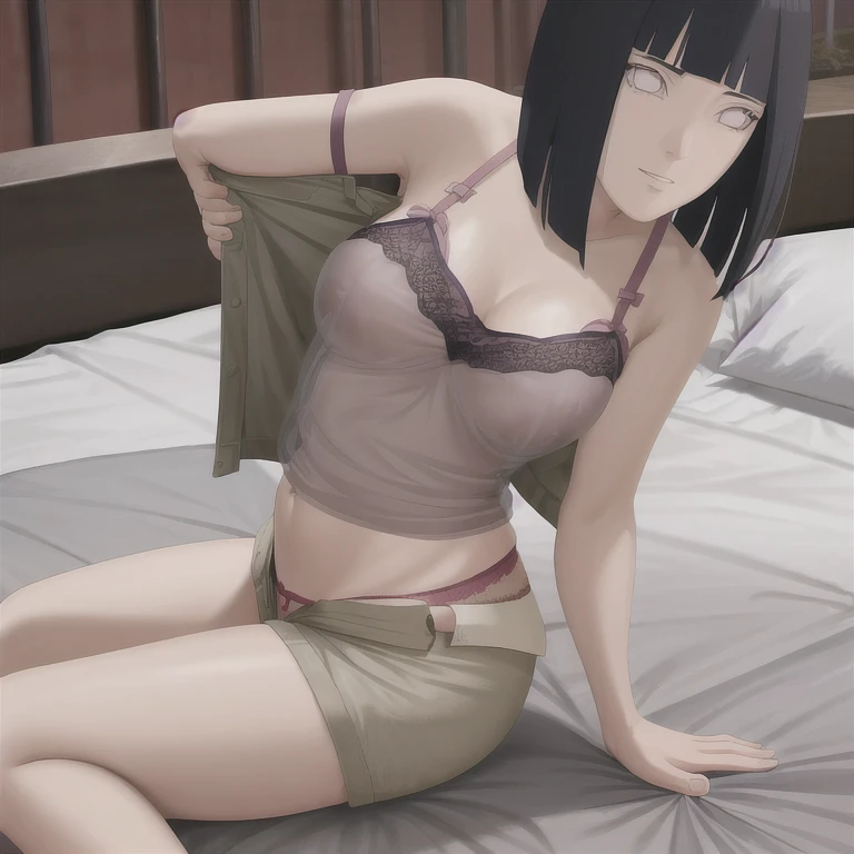 Masterpiece, best quality, intricate details, ultra detailed, 1girl, hinata hyuga, shirt lift, pants pull, bra, panties, bedroom, cowgirl position , POV Squatting Cowgirl , pov , smile BREAK bedroom , bed , on a man,