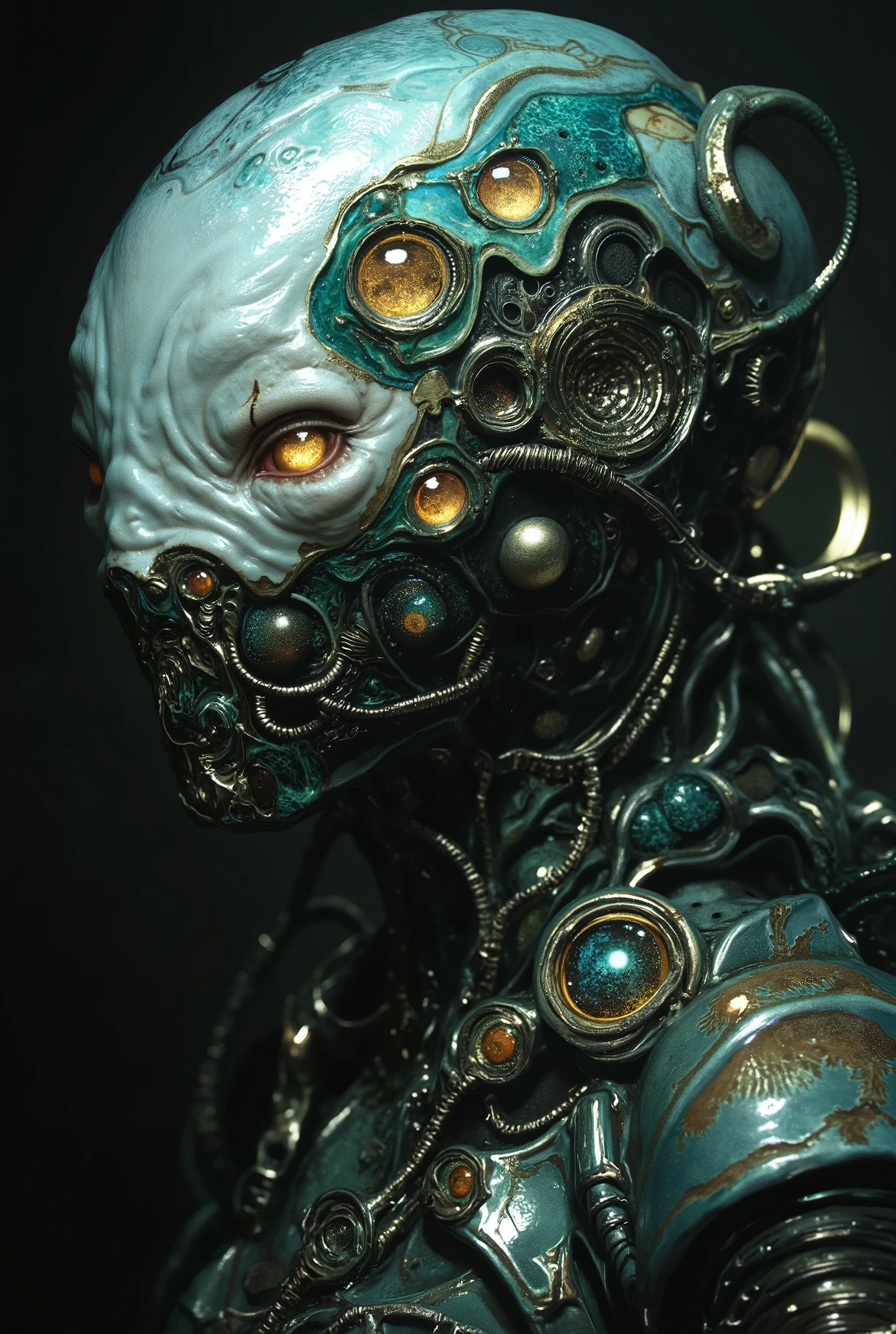 A surreal, ultra-detailed portrait of an alien bio-organic sentinel called "Zelyss Ova", from a forgotten galaxy. Its head is sculpted in organic metallic blues and greens, embedded with multiple reflective golden eyes that blink asynchronously. The surface of its armor-like skin flows like liquid metal, with organic ridges, breathing slits, and cable-like tendrils wrapping around its neck and shoulders. Its central eye is sealed, said to open only during psychic communion. The background is dark, with an alien laboratory or stasis chamber shimmering faintly with soft biomechanical light. H. R. Giger style, Guyver inspiration, hyper-real alien mystique, futuristic biological aesthetics.