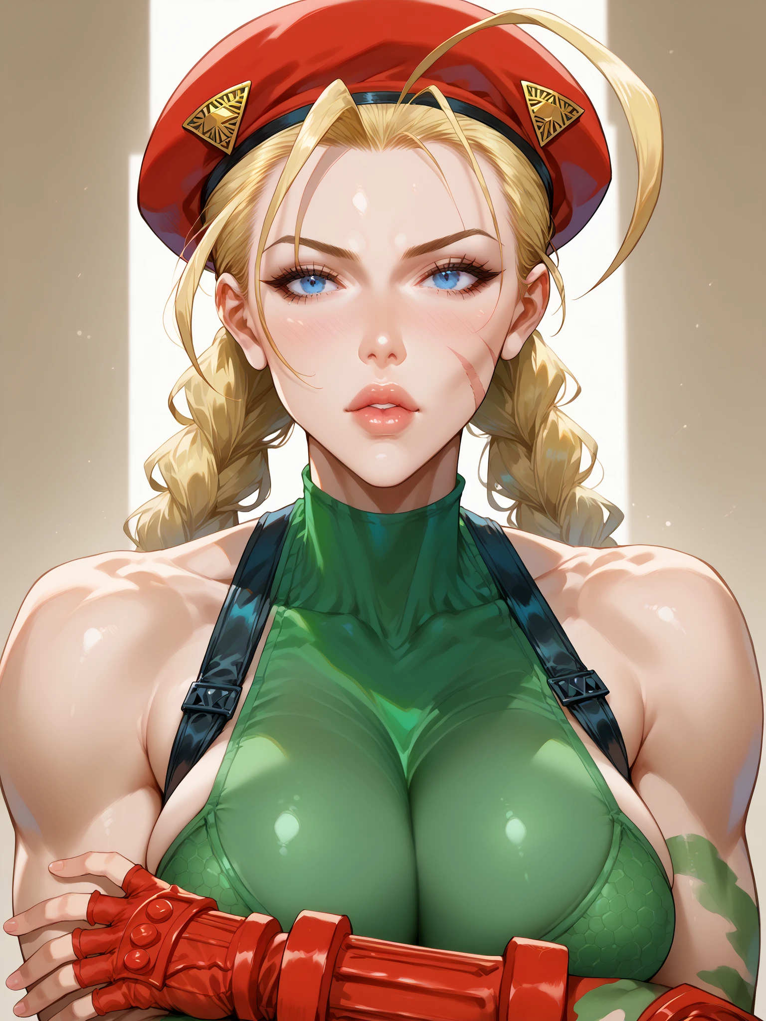 25 year old girl with short yellow hair, bob style, dark green eyes, con mirada linda y sonrisa atrevida con busto y que se paresca a meliodas,estilo nanatsu no taizai,with anime style clothes,with top and chameleon tattoo on abdomen