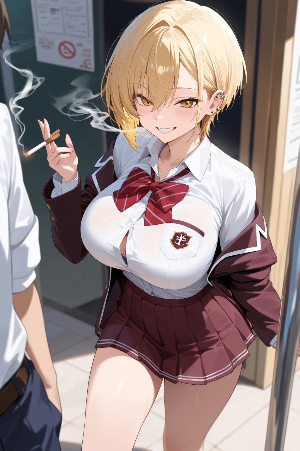 Light skin, bob cut, cleavage, tied shirt, midriff, flashing red panties, short skirt, stockings, brown eyes, blonde